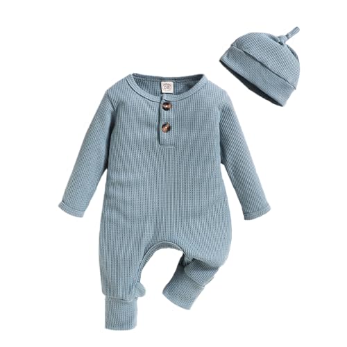 Infant Boys Girls Clothes Set Newborn Baby Romper Hat Ribbed Knit Long Sleeve Button Solid Bodysuit Jumpsuit