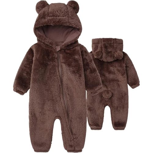Baby Snowsuit Bear Ear Hooded Jumpsuit Fleece Romper Zipper Winter Coat Outfits