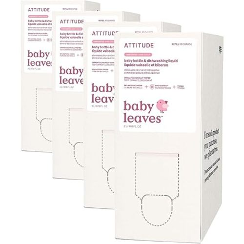 ATTITUDE Baby Bottle & Dish Soap, EWG Verified Bottle Cleaner, Fragrance Free & Dye Free, Removes Milk Residue-& Grease, Vegan, Bulk Refill, Unscented, 67.6 Fl Oz (Pack of 4)