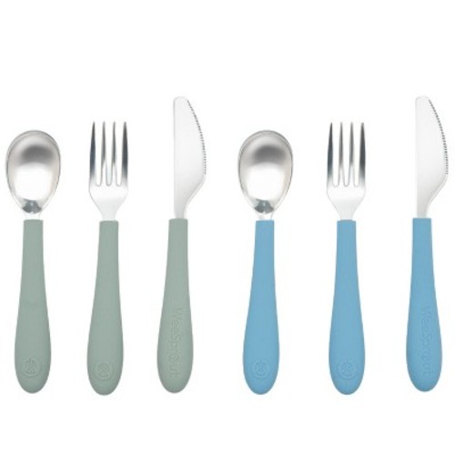 WeeSprout Kids Stainless Steel Utensils Set - Premium 18/8 Grade Silverware Kit - 2 Spoons, 2 Forks, 2 Knives - Matte Green, Blue