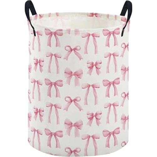 ESSME Kids Laundry Basket,Pink Hamper Collapsible Canvas Waterproof Storage Bin for Girls, Cute Hamper,Gift Baskets(Bowknot)
