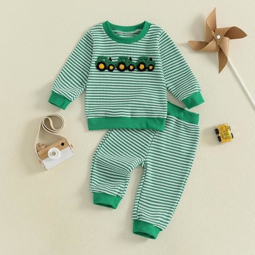 fhutpw Baby Toddler Boy Girl Fall Winter Clothes Embroidery Stripe Pullover Pants Sets Infant Long Sleeve Sweatshirt Outfits