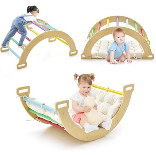 INFANS Wooden Arch Climber Rocker with Soft Cushion, 4 in 1 Montessori Climbing Ladder Toys for Toddlers, Waldorf Indoor Baby Children Ladder Gym Learning Playset Gift for Kids Boys Girls