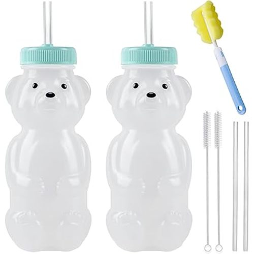 Honey Bear Straw Cups, Juice Bear Bottle Drinking Cup Long Straws with 4 Flexible Straws & Cleaning Tools, 8-Ounce Therapy Sippy Bottles for Speech and Feeding Training, Food-Grade & BPA Free 2 Pack