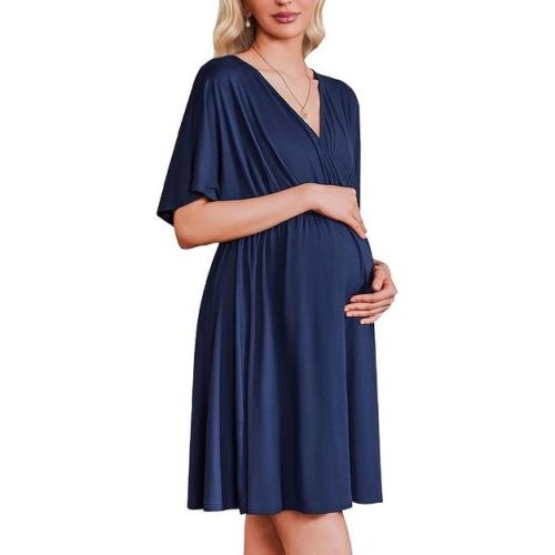 Ekouaer 3 in 1 Labor and Delivery Gown for Hospital Short Sleeve Maternity Nursing Dress Nightgown Postpartum Sleepwear Navy Blue L