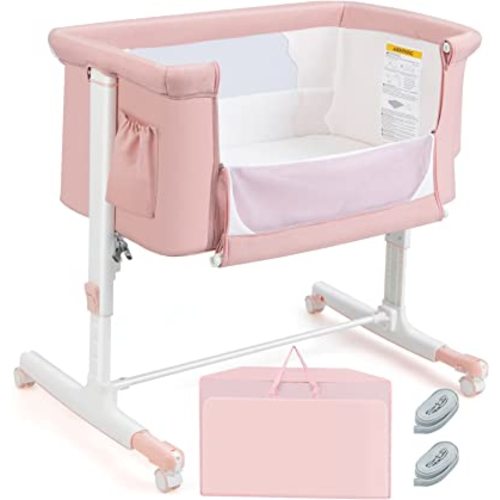HONEY JOY Baby Bassinet Bedside Sleeper, 3-in-1 Easy Folding Portable Crib for Baby with Wheels, 5 Adjustable Heights, Easy to Assemble Bed to Bed, Mattress & Carry Bag for Infant Newborn (Pink)