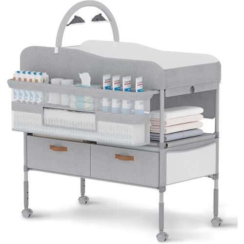 Diaper Changing Station, Portable Changing Table for Baby, Diaper Changing Table with Storage Drawers, Waterproof Baby Changing Station with Wheels and Adjustable Height for Newborn Infant and Toddler