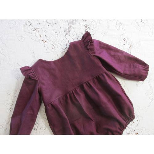 Burgundy Long Sleeve Linen-blend Romper - Fall Outfit Styles - Plum - Dark Purple - Baby Girl - Baby Toddler Child - Vintage-Style Bubble
