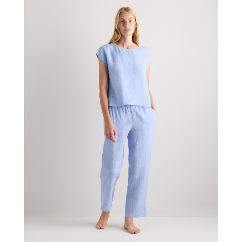 100% European Linen Pajama Set in Blue Pinstripe