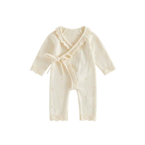 RUINIXCW Baby Front Tie Knit Romper Casual Stylish Solid Color Scallop Trim V Neck Long Sleeve Jumpsuit