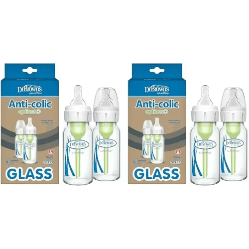 Dr. Brown's Natural Flow Anti-Colic Options+ Narrow Glass Baby Bottle 4 oz/120 mL, with Level 1 Slow Flow Nipple, 4 Pack, 0m+