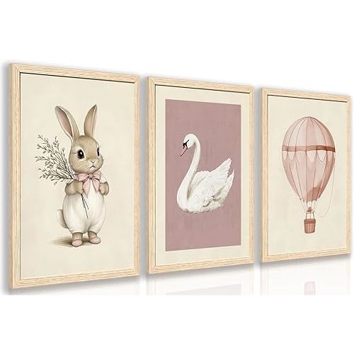 Pink Baby Girl Nursery Wall Decor Cute Bunny Wall Art Cozy Rabbit Canvas Artwork Elegant Swan Poster Prints Vintage Hot Air Balloon Painting Prints for Kid's Room Baby Room Wood Framed 12"x16"x3