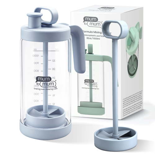 MUM TO MUM 32oz Glass Formula Mixing Pitcher, Microplastic-Free BPA Free Leak-Proof Breastmilk Storage Container, Heat & Cold Resistant Borosilicate Glass with Silicone Seal (Light blue)