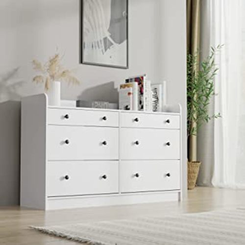 Cozy Castle White 6 Drawer Double Dresser, Wooden Dressers & Chests of Drawers with Double Anti-Tilt Devices for Bedroom, 15.7" D x 52" W x 33.1" H