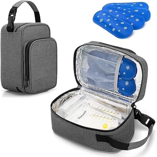 BAFASO Insulated Breastmilk Cooler Bag with 4 Gel Ice Packs, Breastmilk Cooler Fits 6 Bags of Breastmilk, Gray