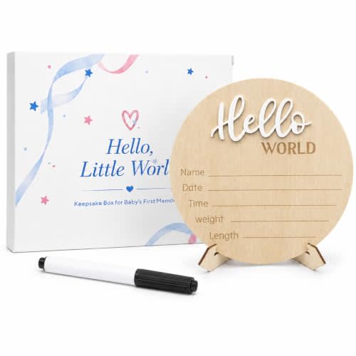 Hello World Baby Announcement Sign Newborn Welcome Plaque Box Set | Baby announcement sign featuring 3D Hello text and a keepsake gift box for newborn hospital photoshoots.