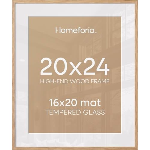 Homeforia 20x24 Picture Frame Wood, High End Natural Oak 20x24 Frame Matted to 16x20 Photo, 20 x 24 Light Wooden Poster Frames with Mat 16 by 20, 24by20 Thin Frames, Tempered Glass, Wall Kit, Set of 1