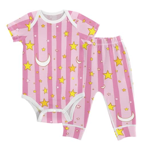 Baby Clothes Set Stars Crescent Moon Pink Striped Infant Bodysuits Pants Sets 0-24M For Boys Girls
