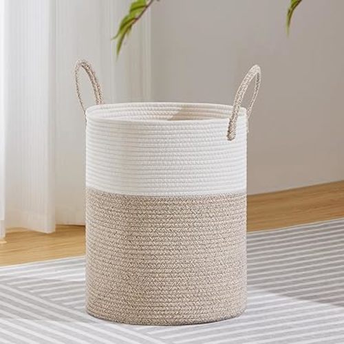 VIPOSCO Large Laundry Hamper, Tall Woven Rope Storage Basket for Blanket, Toys, Dirty Clothes in Living Room, Bathroom, Bedroom - 53L White & Brown