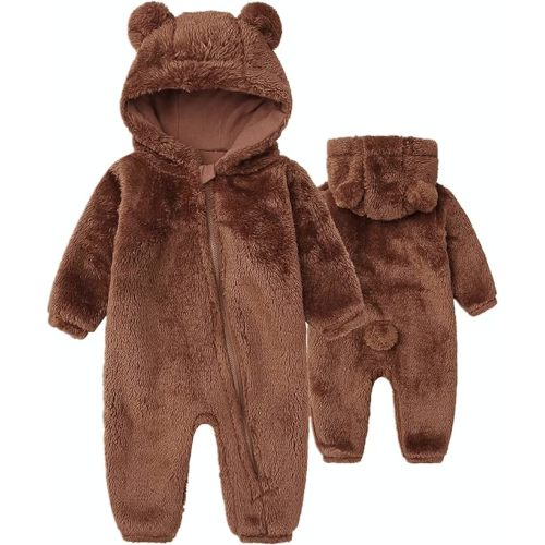 CHAOJIESI Baby Snowsuit Bear Ear Hooded Jumpsuit Fleece Romper Zipper Winter Coat Outfits - Brown - 0-3 Months