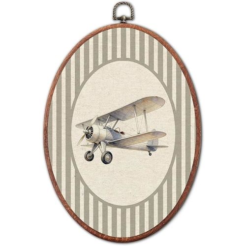 Vintage Airplane Nursery Oval Wall Art Framed, Grey Striped Framed Biplane Canvas Prints, Unique Retro Boy Gift Hanging Wall Decor for Kids Toddler Room Bedroom Playroom, 8.6x11.4 Inch