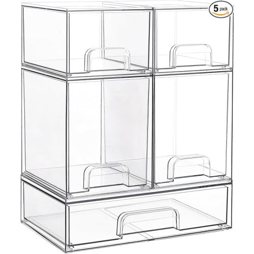 Vtopmart Stackable Storage Drawers Set of 5, Clear Plastic Organizer Bins for Baby Bottle, Beauty Supplies Storage, Ideal for Kichen Countertop, Vanity, Bathroom, Cabinet, Pantry Organization