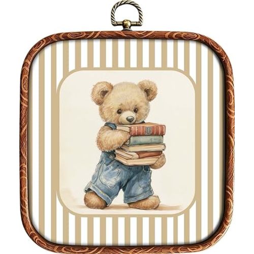XiZoDinia Vintage Reading Bear Nursery Wall Art, Book Lovers Boys Room Square Framed Prints, Striped Wall Hanging Decor, Great Present for Boys Kids Playroom Bedroom Home Decor, 7.1 x 7.9 Inches(Reading Bear)