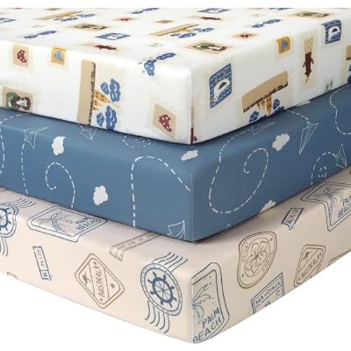 Baby Crib Sheets for Boys and Girls, 3 Pack Toddler Bed Sheets for 52”x28” Standard Toddler Mattresses, Soft Microfiber Fitted Crib Sheets Neutral Sea Voyage Stamp