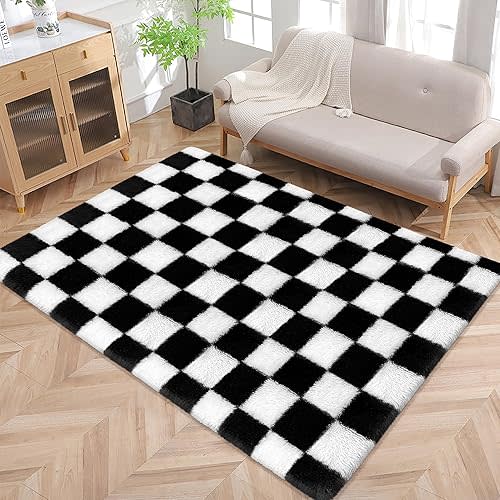 Black and White Rug for Bedroom 4x6 Ft Checkered Area Rug Indoor Soft Plush Checkerboard Rug Floor Play Mat for Teen Dorm Classroom Nursery Playroom Living Room Home Decor Aesthetic
