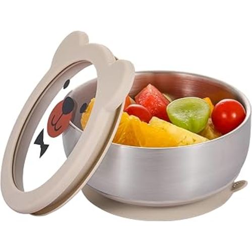 MR. CHOU Baby Bowls with Non-Slip Silicone Suction Cup, Insulated Double-Layer 304 Stainless Steel Toddler Bowls with BPA Free Airtight Lids, Food-Grade Silicone Safe for Kids (Beige)