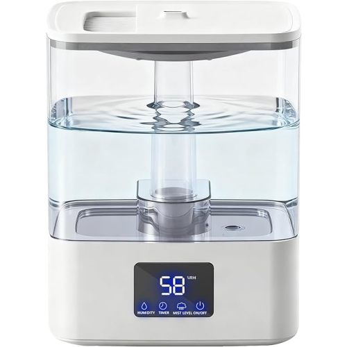 KZF Top Fill Humidifiers for Bedroom & 60H Runtime - Cool Mist Humidifier, 3 Mist Levels, 8H Timer, Essential Oil Tray, Humidity Display, Quiet for Bedroom, Baby, Plants, Large Room (White, 4L)