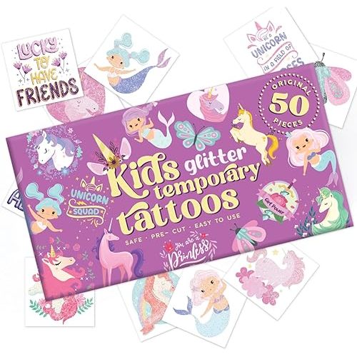 Glitter Unicorn Temporary Tattoos for Girls – 50 Pre-Cut Sheets + Water Sponge | Easy to Apply & Remove | Non-Toxic, Waterproof, Skin-Safe | Party Favors, Birthday Gifts