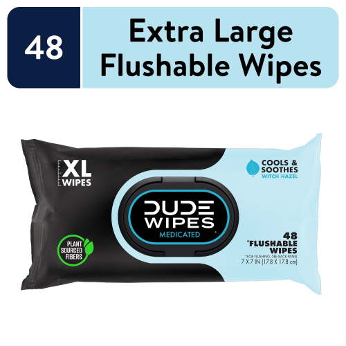 DUDE Wipes Flushable Wipes, XL Medicated Wet Wipes for Hemorrhoid Relief, Unscented, 48 Count