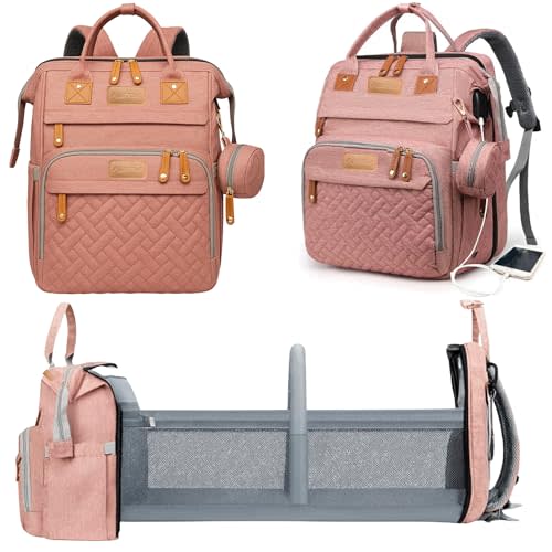 Baby Diaper Bag with Changing Station, Waterproof Diaper Bag Backpack for Mom/Dad, Baby Shower Gifts, w/USB Charging Port, Insulated Bottle Holders & Pacifier Case, XL Storage Backpack, Pink
