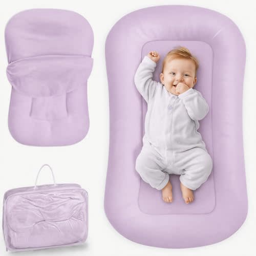 Infant Support Cushion - Baby Support Cushion for Newborn 0-24 Months | Breathable Cotton Tummy Time Mat, Supervised Use, Portable Newborn Essentials for Home & Travel, Purple (Cover Included)