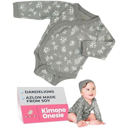 Babysoy Organic Baby Newborn Long Sleeve Pattern Kimono Wrap Around Side Snap Bodysuit/Onesie for Unisex Infants