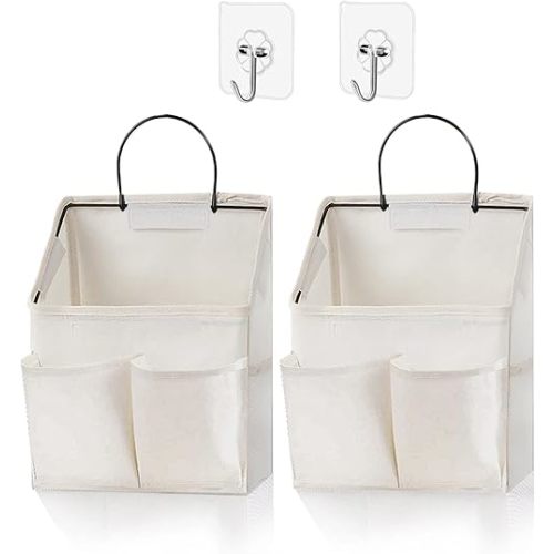 2 Pack Wall Hanging Storage Basket,Wall Hanging Organizer Bags with Pockets, Wall organizer Storage for Dormitory Bathroom Bedroom Kitchen(White-upgraded)