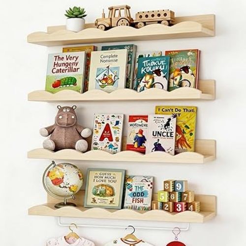 Fixwal Nursery Book Shelves, 16.5 Inch Floating Bookshelves for Wall Set of 4, Scalloped Wall Book Shelves with Towel Rack for Kids, Toddler Room, Baby Room, Nursery Decor and Storage(Natural Wood)