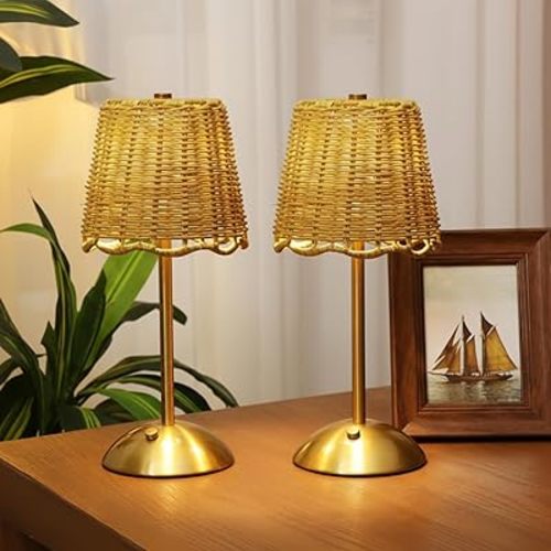 Pickmesh 2 Pack Rattan Table Lamp Woven Boho Table Lamp with Gold Tone Base Wicker Night Light Cordless LED Desk Lamps for Living Room Bedroom Wedding Decor, 2600mah Battery Operated