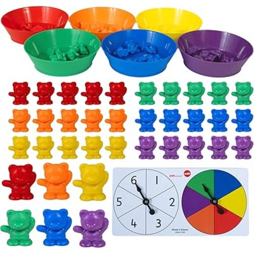 edxeducation Counting Bears with Matching Bowls | 60 Counters, 6 Bowls, 2 Spinners | Color Sorting Sensory Toys | Early Math Manipulatives
