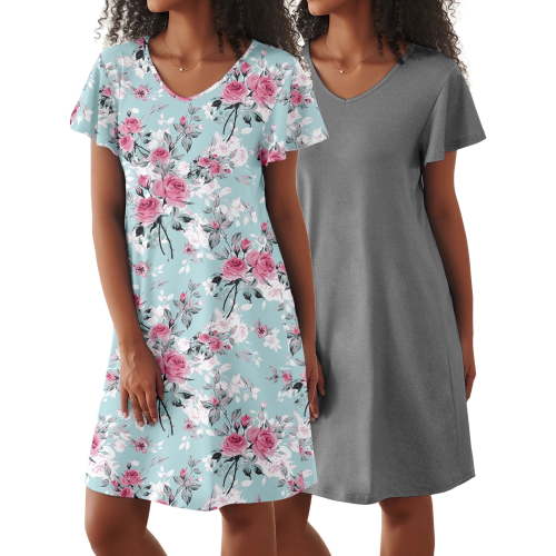 Avidlove 2 Pack Women Nightgown Sleepwear Flare Short Sleeve Sleepshirts Veck Sleepdress Causal Pajama Dress S-XXL