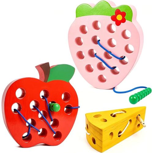 Lacing Toys for Toddlers,Wooden Threading Apple Baby Travel Toys,Montessori Education Sensory Learning Fine Motor Skills, Wooden Block Puzzle Gifts for 3 Year Old Baby Kids Boys Girls