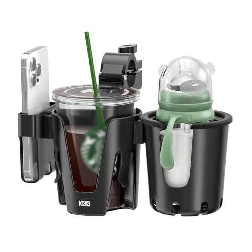 KDD Stroller Cup Holder with Phone Holder, 3-in-1 Removable Bottle Holder, 360 Degrees Rotation Drink Holder for Wheelchair, Stroller, Bike, Walker, Scooter, Bicycle, Uppababy, Bugaboo, Britax
