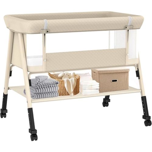 Baby Bassinet, 3-in-1 Baby Bassinets Bedside Sleeper for Newborn with Breathable Mesh, Portable Baby Crib with 4- Adjustable Height, Mattress, Storage Basket & Lockable Wheels, CPSC Beige