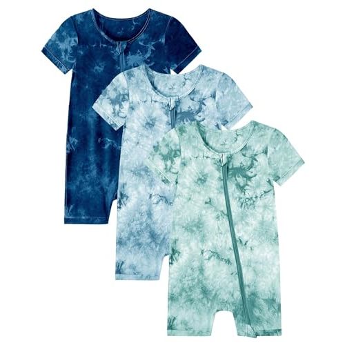 Jimonda Baby Girl Boys Rayon From Bamboo Pajamas 3 Pack Short Sleeve Footless Romper 2 Way Zipper Tie Dye Pjs Sleeper 0-24M
