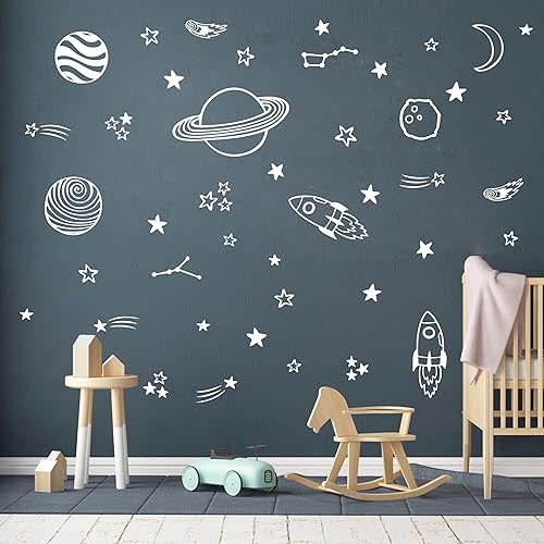 Space Wall Decals Stars Planets Shooting Stars Rocket Wall Stickers Nursery Decor Vinyl Wall Art for Kids Room Y79 (White)