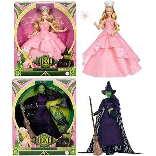 Bundle of Mattel Universal Wicked Deluxe Glinda Fashion Doll & Accessories Including Crown & Scepter + Mattel Universal Wicked Deluxe Elphaba Fashion Doll & Accessories, with Braided Hair