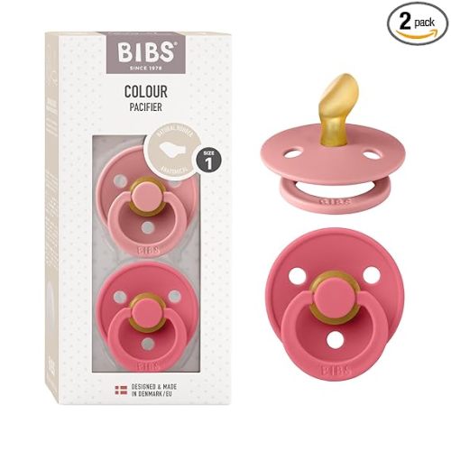 BIBS Pacifiers 0-6 Months | Colour Collection 2-Pack | BPA-Free Anatomical Natural Rubber Nipple | Made in Denmark | Dusty Pink/Coral Color Pacifier