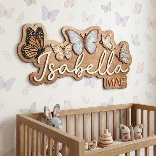 Butterfly Nursery Name Sign, Wooden Butterfly Wall Decor, 3D Custom Wood Name Sign for Girl, Monarch Butterfly Nursery Art, Baby Shower Gift