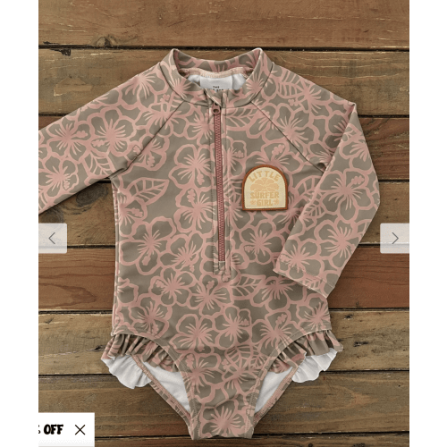 Brown Hibiscus Long sleeve Little Surfer Girl logo swimsuit